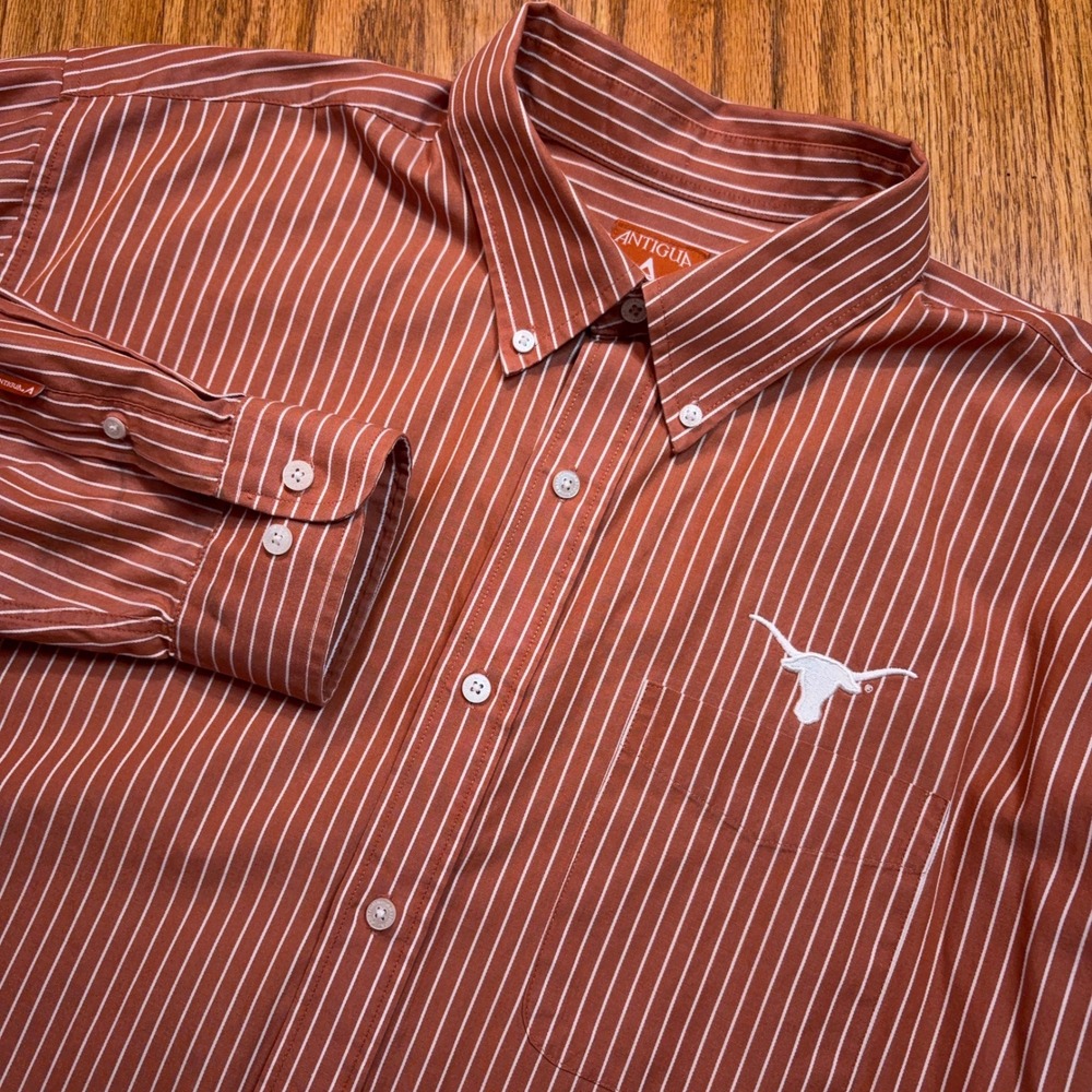 Antigua Texas Longhorns Shirt Mens XL Burnt Orange Striped Button Down Pocket